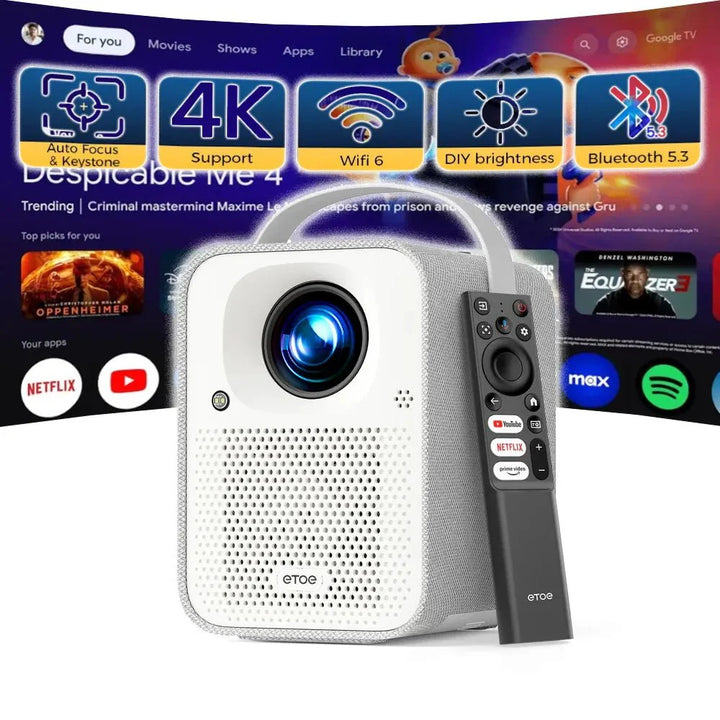ETOE Seal Google TV Projector – Full HD 1080P, 500 ANSI Lumens, Smart Streaming, Dolby Audio, Wi - Fi & Bluetooth - ETOE Projector