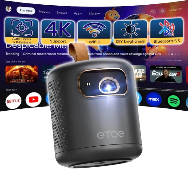ETOE Whale DPL Portable 4K Google TV Projector (Netflix Official) – 500 ANSI Lumens, Native Full HD 1080P, 2.5H Built - in Battery, Ultra Short Throw Projection, Black - ETOE Projector